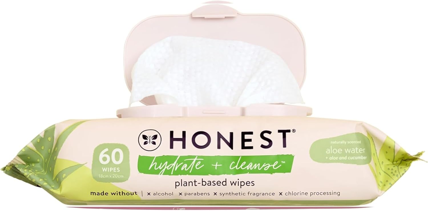 The Honest Company Hydrate and Cleanse Naturally Scented Wipes, Cleansing Multi-Tasking, 99% Water, Plant Based, Hypoallergenic, Aloe Cucumber, 60 Count