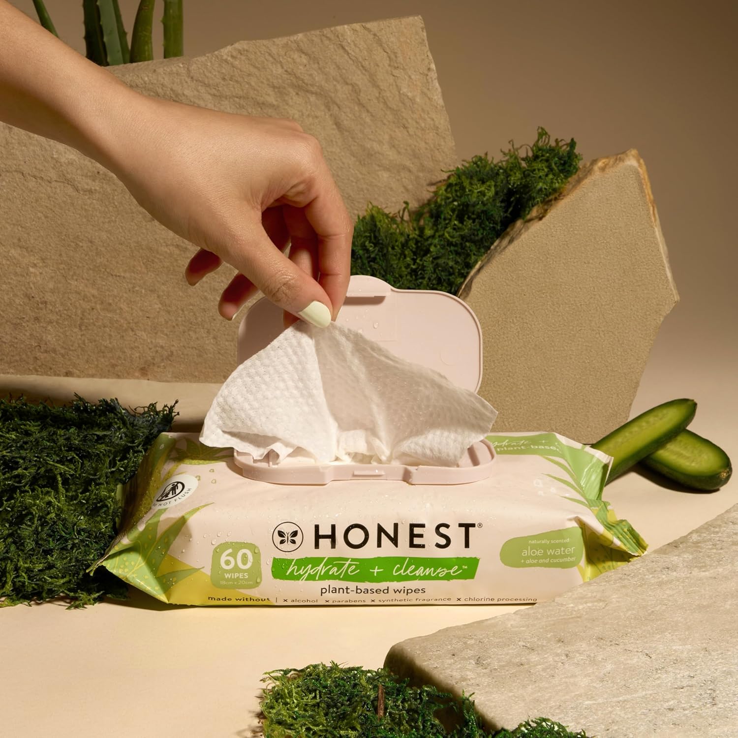 The Honest Company Hydrate and Cleanse Naturally Scented Wipes, Cleansing Multi-Tasking, 99% Water, Plant Based, Hypoallergenic, Aloe Cucumber, 60 Count - Image 4