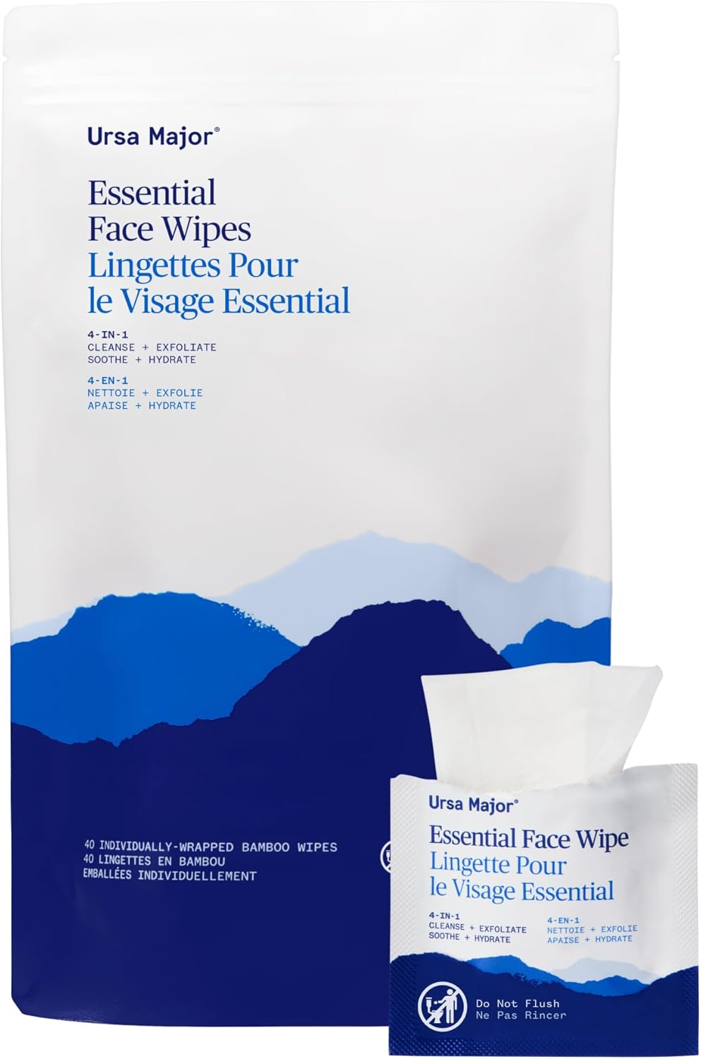 Ursa Major Essential Face Wipes | Natural, Biodegradable, Cruelty-Free | Cleanse, Exfoliate, Soothe and Hydrate | Individually Wrapped | 40 count